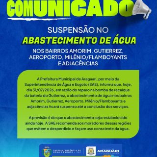 🚨 COMUNICADO IMPORTANTE | SAE ARAGUARI

A Superintendência de Água e Esgoto (SAE) informa que, devido ao reparo na bomba de recalque da bateria do Gutierrez, o abastecimento de água está temporariamente suspenso nos bairros Amorim, Gutierrez, Aeroporto, Milênio/Flamboyants e adjacências.

💧 A previsão é que o fornecimento seja restabelecido ainda hoje, após a conclusão dos serviços.

Pedimos a compreensão de todos e reforçamos a importância do uso consciente da água, evitando desperdícios durante este período.

A SAE segue trabalhando para normalizar o abastecimento o mais rápido possível.