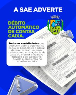 ⚠️ Atenção, usuários da SAE!

Se você possui débito automático na Caixa Econômica Federal, é necessário realizar um novo cadastro devido a uma inconsistência no registro anterior.

✅ O recadastro pode ser feito:
📍 Em qualquer agência da Caixa Econômica Federal; ou
📱 Pelo aplicativo da Caixa, realizando uma nova inclusão do débito automático.

Evite transtornos e o risco de atraso no pagamento da sua fatura. Faça a atualização o quanto antes!

Em caso de dúvidas, entre em contato com a equipe da SAE.

#SAE #DébitoAutomático #CaixaEconômicaFederal #Comunicado #ServiçoAoCliente