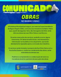 COMUNICADO IMPORTANTE | SAE ARAGUARI

A Superintendência de Água e Esgoto (SAE) informa que, a partir de segunda-feira, dia 03/08/2026, terão início as obras nas ruas Olívio Vieira e José Nocera, no Bairro Vieno.

Durante a execução dos serviços, poderão ocorrer intervenções na via pública e no calçamento, além de eventuais transtornos temporários. Todo o local será devidamente recuperado após a conclusão dos trabalhos.

Os serviços terão início na esquina da Rua Olívio Vieira com a Rua Isolina Soares e, conforme o andamento das obras, serão estendidos às demais vias da região.
Pedimos a compreensão e a colaboração de todos os moradores durante o período de execução das obras.

A SAE segue trabalhando para ampliar e melhorar a infraestrutura de abastecimento, garantindo mais qualidade de vida para a população.

#SAEAraguari #PrefeituraDeAraguari #Obras #Infraestrutura #BairroVieno