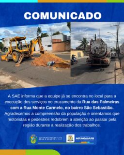🚧 ATUALIZAÇÃO DE SERVIÇO

A equipe da SAE já está no local realizando os serviços no cruzamento da Rua das Palmeiras com a Rua Monte Carmelo, no bairro São Sebastião.

Os trabalhos seguem para garantir mais segurança e a manutenção da infraestrutura da região. Pedimos a compreensão da população e atenção redobrada de motoristas e pedestres ao transitarem pelo local.

💧 SAE Araguari – Trabalhando por você.