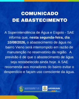 A Superintendência de Água e Esgoto - SAE informa que, nesta segunda-feira, dia 10/08/2026, o abastecimento de água no bairro Vieno será interrompido em razão de manutenção no reservatório da região.  A previsão é de que o abastecimento de água seja restabelecido ainda hoje. A SAE recomenda aos moradores do bairro evitar o desperdício e façam uso consciente da água.