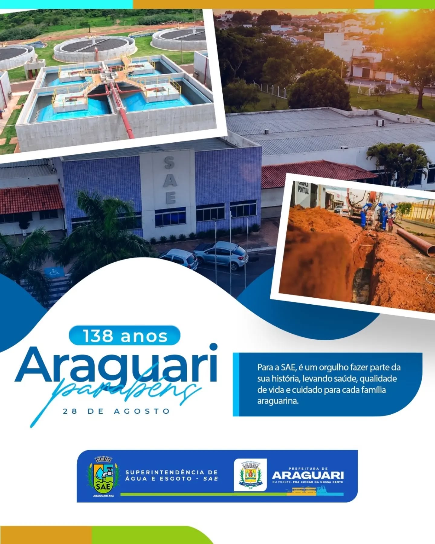 Araguari faz 138 anos! 🎉

A Superintendência de Água e Esgoto - SAE - celebra essa data tão especial e reafirma seu compromisso de levar saúde, qualidade de vida e cuidado para cada família araguariana.

Um orgulho fazer parte da história dessa cidade! ❤️

#ParabénsAraguari #138anos #SAEAraguari #AraguariMG #PrefeituradeAraguari