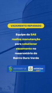 Ontem à tarde, dia 21/09, a equipe da SAE Araguari realizou manutenção para solucionar um vazamento no reservatório do Bairro Ouro Verde. Mais uma ação para garantir o abastecimento e cuidar dos nossos recursos hídricos.