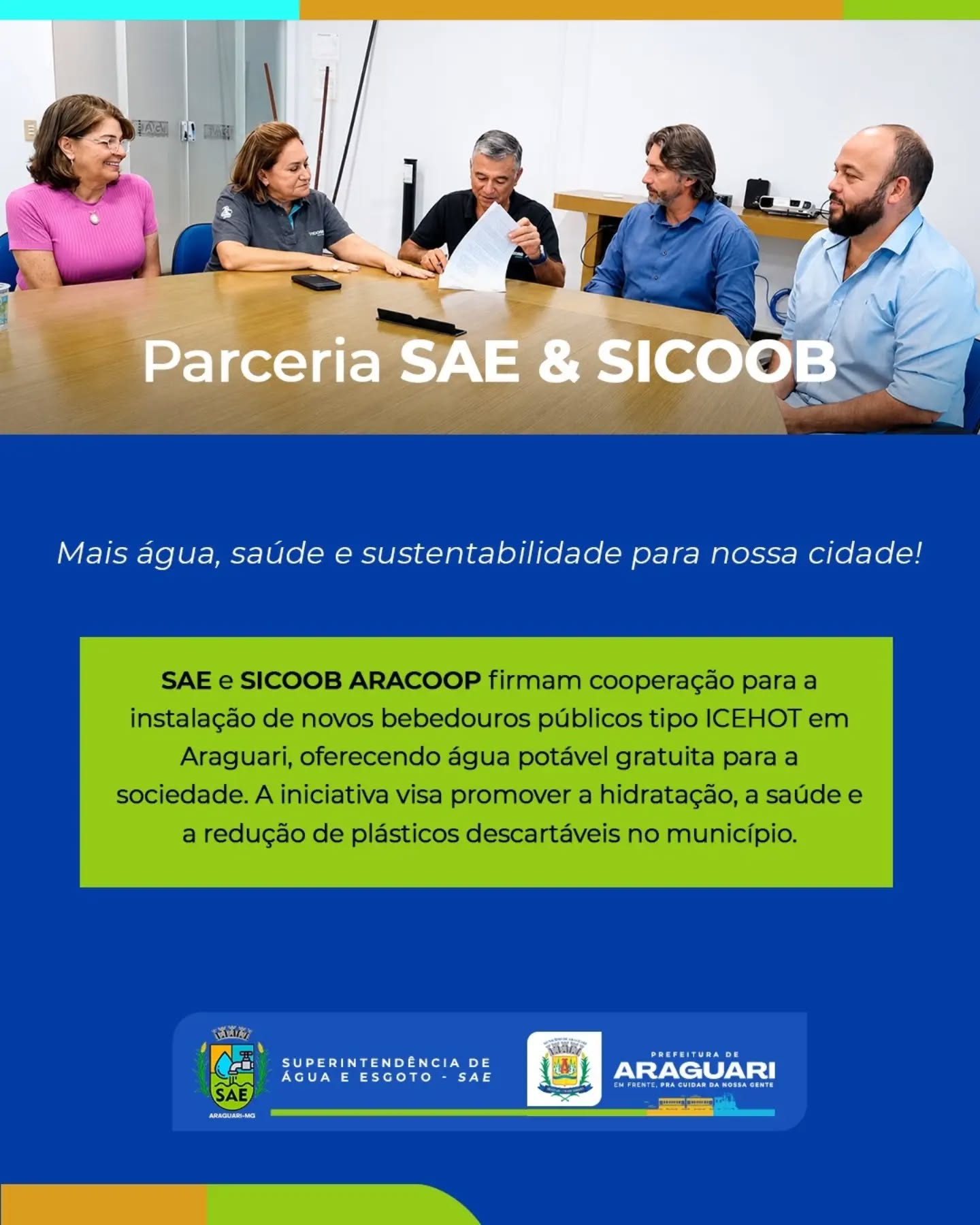 💧 PARCERIA QUE GERA IMPACTO E SUSTENTABILIDADE! 🌱

É com grande orgulho que anunciamos uma importante cooperação institucional em benefício de nossa cidade! A SAE e o SICOOB ARACOOP uniram forças para disponibilizar à população bebedouros de água potável tipo ICEHOT, garantindo água potável gratuita para a sociedade.

Essa iniciativa fortalece os pilares de saúde pública, incentivo à hidratação e sustentabilidade, ajudando a reduzir o consumo de embalagens plásticas descartáveis e promovendo o bem-estar da comunidade.

Mais infraestrutura, cuidado com o meio ambiente e cooperação em prol da nossa gente! 💚