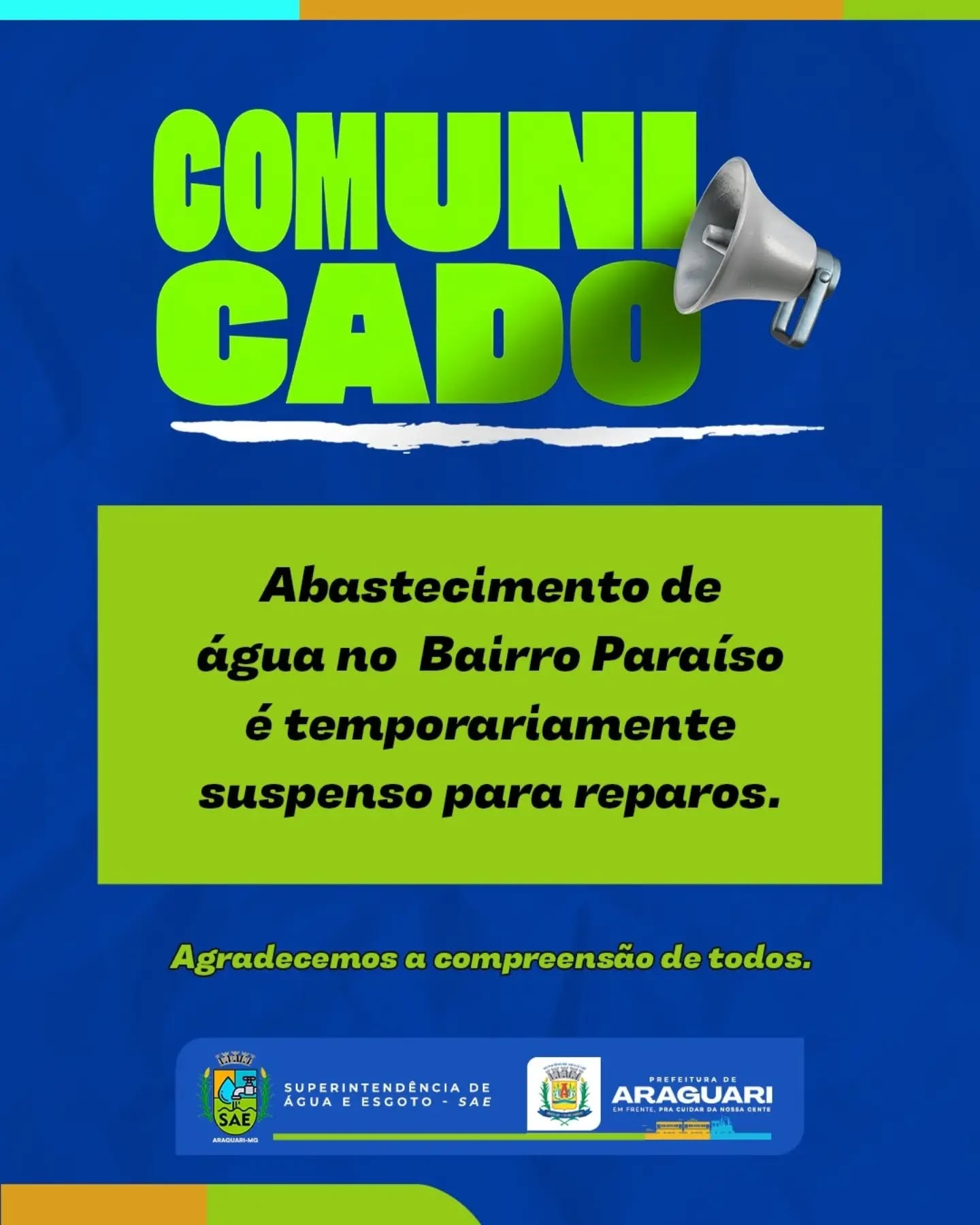 COMUNICADO

A Prefeitura de Araguari e a Superintendência de Água e Esgoto (SAE) informam que, em razão da falta de água registrada neste fim de semana, foi identificado um problema na Bomba 2, localizada na Praça João da Silva e Oliveira, no Bairro Paraíso.

Na manhã desta segunda-feira, 21 de setembro, a equipe técnica da SAE está no local realizando a substituição da bomba e os demais reparos necessários para normalizar o sistema.

Durante a execução dos serviços, o abastecimento de água no Bairro Paraíso e regiões adjacentes permanecerá temporariamente suspenso.

A previsão é de que o abastecimento seja restabelecido até o início da noite desta segunda-feira.

A SAE orienta os moradores das regiões afetadas a economizarem água e fazerem uso consciente das reservas disponíveis durante este período.

A Prefeitura de Araguari e a SAE agradecem a compreensão de todos e reforçam que as equipes trabalham para restabelecer o abastecimento o mais breve possível.

Prefeitura de Araguari
Em frente, pra cuidar da nossa gente.