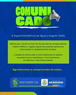 📣 COMUNICADO 📣

A SAE Araguari informa que, devido ao furto de fios da rede de energia elétrica, o Bairro Milênio e regiões adjacentes poderão apresentar interrupções no abastecimento de água.

A equipe da SAE já está no local realizando os reparos necessários para restabelecer o funcionamento do sistema o mais breve possível.

Pedimos a compreensão da população e orientamos o uso consciente da água durante este período.