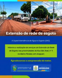 🚧 SAE EM AÇÃO!

A Superintendência de Água e Esgoto (SAE) informa que está realizando serviços de extensão da rede de esgoto nas proximidades da Rua São José, nº 7, no Bairro Paraíso, em Araguari.

💧 A iniciativa faz parte dos trabalhos de melhoria da infraestrutura de saneamento, contribuindo para mais qualidade de vida e bem-estar da população.

🤝 Agradecemos a compreensão de todos durante a realização dos serviços!