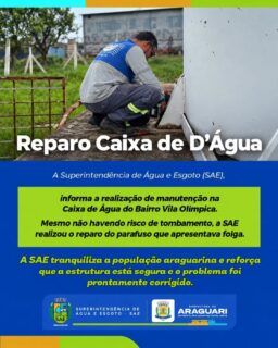 SAE REALIZA MANUTENÇÃO EM CAIXA D’ÁGUA NO BAIRRO VILA OLÍMPICA!

A Superintendência de Água e Esgoto (SAE) de Araguari realizou um serviço de manutenção na caixa d’água localizada no Bairro Vila Olímpica.

🔧 Durante a ação, a equipe realizou o reparo de um parafuso que apresentava folga, garantindo a segurança e a conservação da estrutura.

✅ A SAE tranquiliza a população araguarina e esclarece que não havia risco de tombamento da caixa d’água. A manutenção foi realizada de forma preventiva, reforçando o compromisso com a segurança e o bem-estar da comunidade.

💙 SAE Araguari: trabalhando com responsabilidade e cuidado pela nossa cidade!